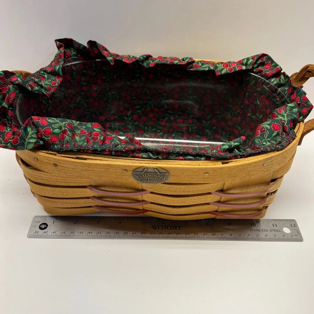 Peterboro Basket Co VTG Yuletide Berry Woven Wood Basket Leather Handle USA Made